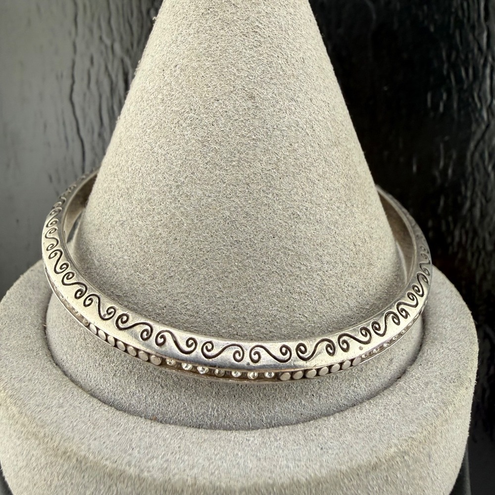Vintage Brighton Bangle Bracelet Silver Tone Rhinestone Scroll Signed 8"